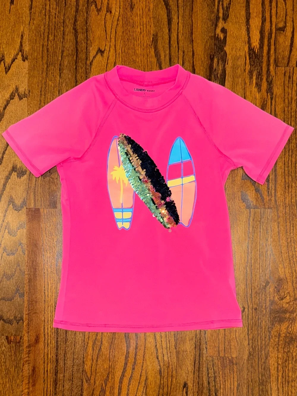 Lands' End Girls Pink Surfboard flip Sequin Rash Guard Swim Shirt size 7/8 small